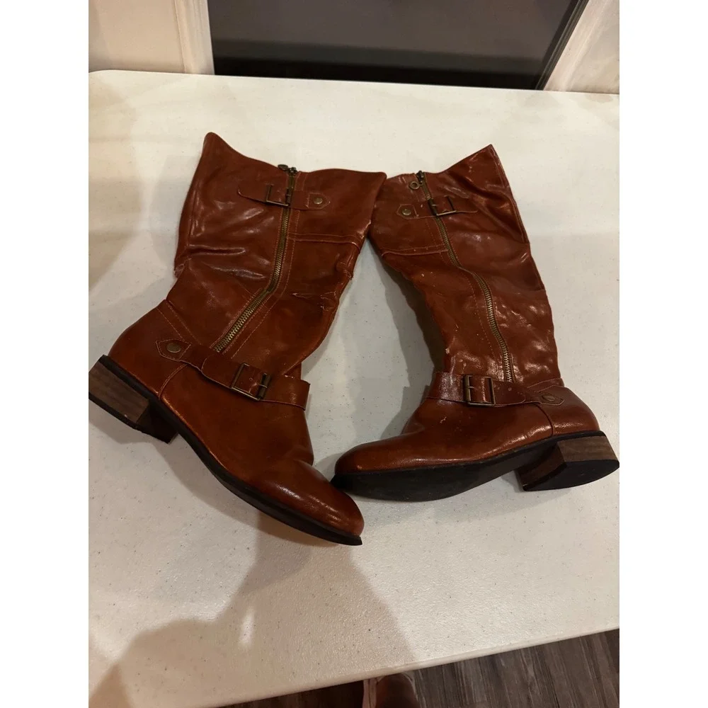Reneeze Girls Cognac Brown Faux Leather Tall Riding Boots Buckle Detail Size 9